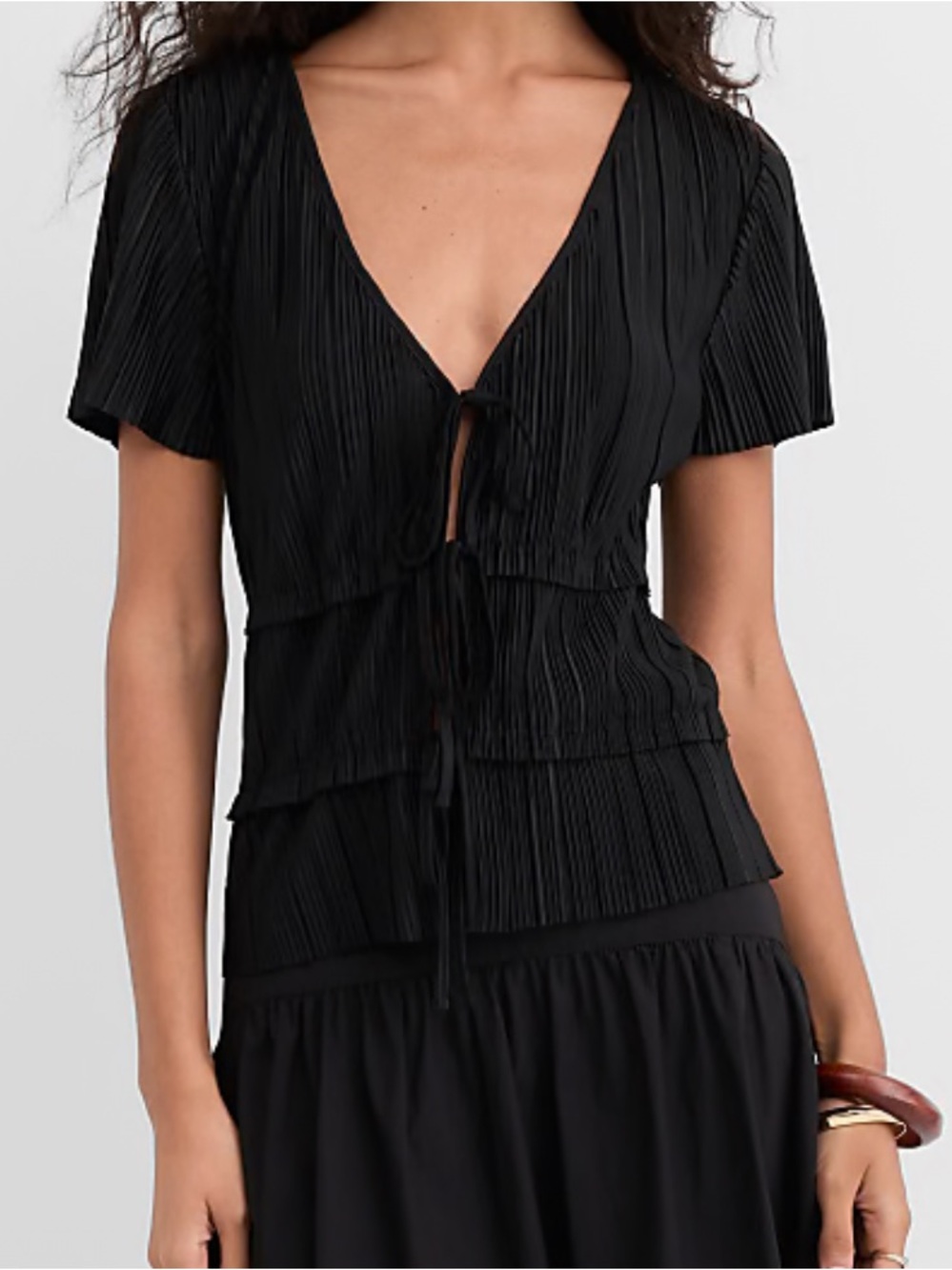 LOFT Black Pleated Tie-Front Short Sleeve Blouse
